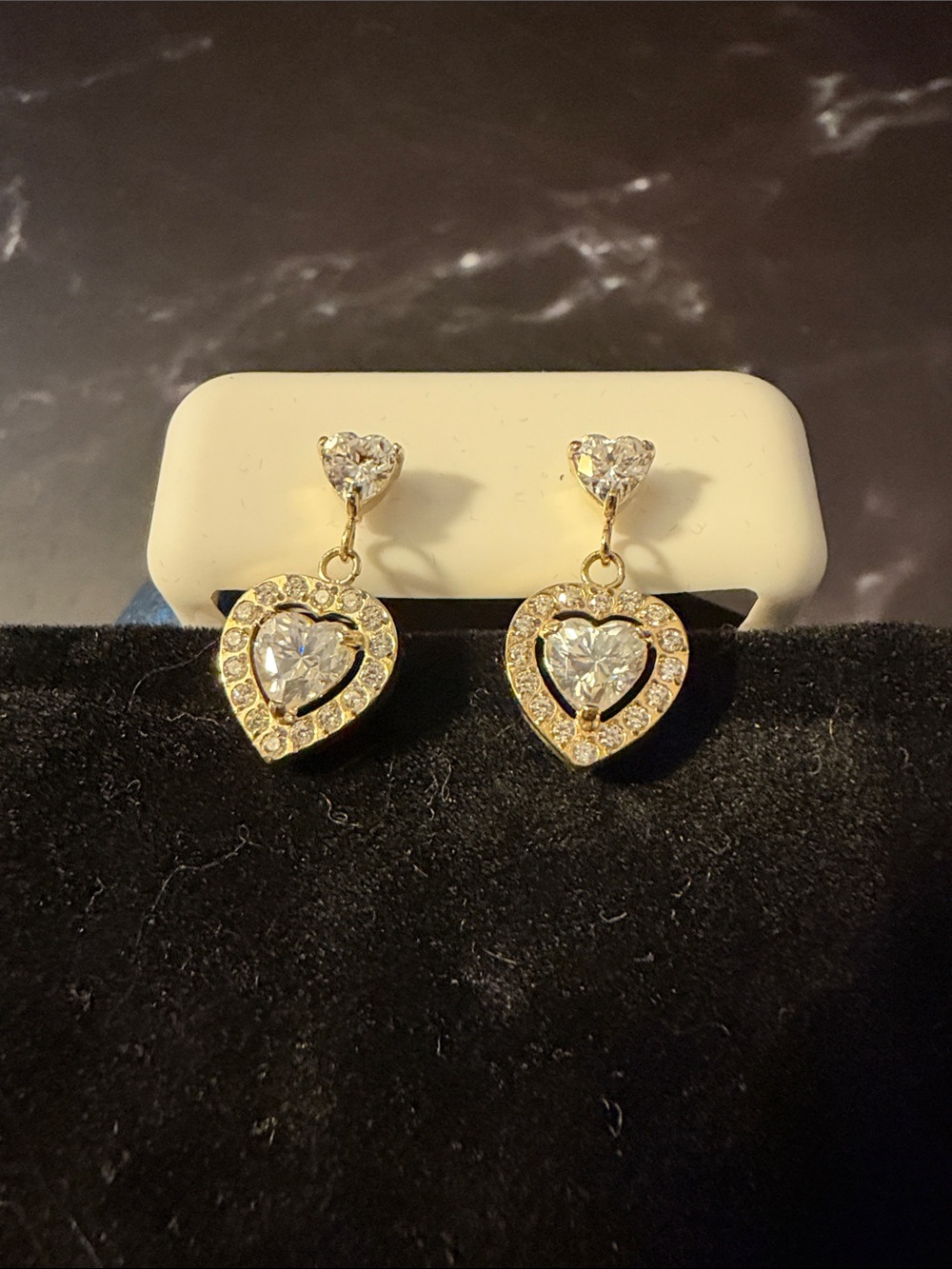 Gold Plated Heart Shaped Diamond Drop Clear Crystals Earrings